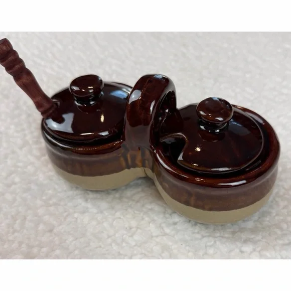 (VTG) Brown/Tan Ceramic Double Condiment Caddy Dish with Spoon - Picture 11 of 14